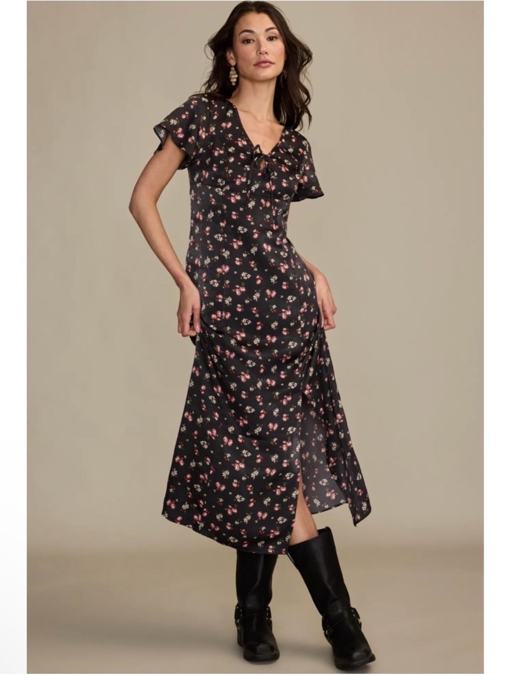 Lucky Brand Flutter Sleeve Floral Tie-Front in Black with Pink Print Sz Large